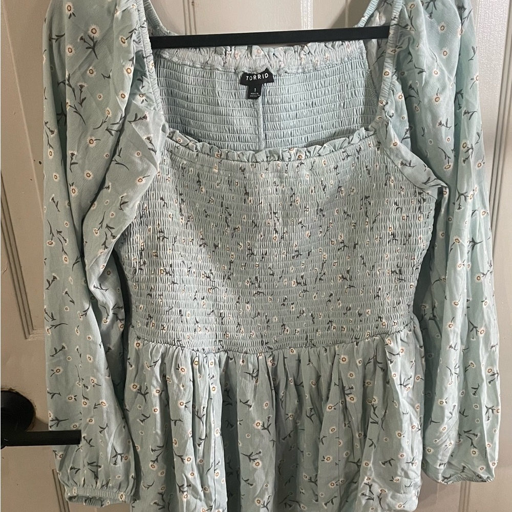 Torrid Mint Blue Floral Smocked Babydoll Top